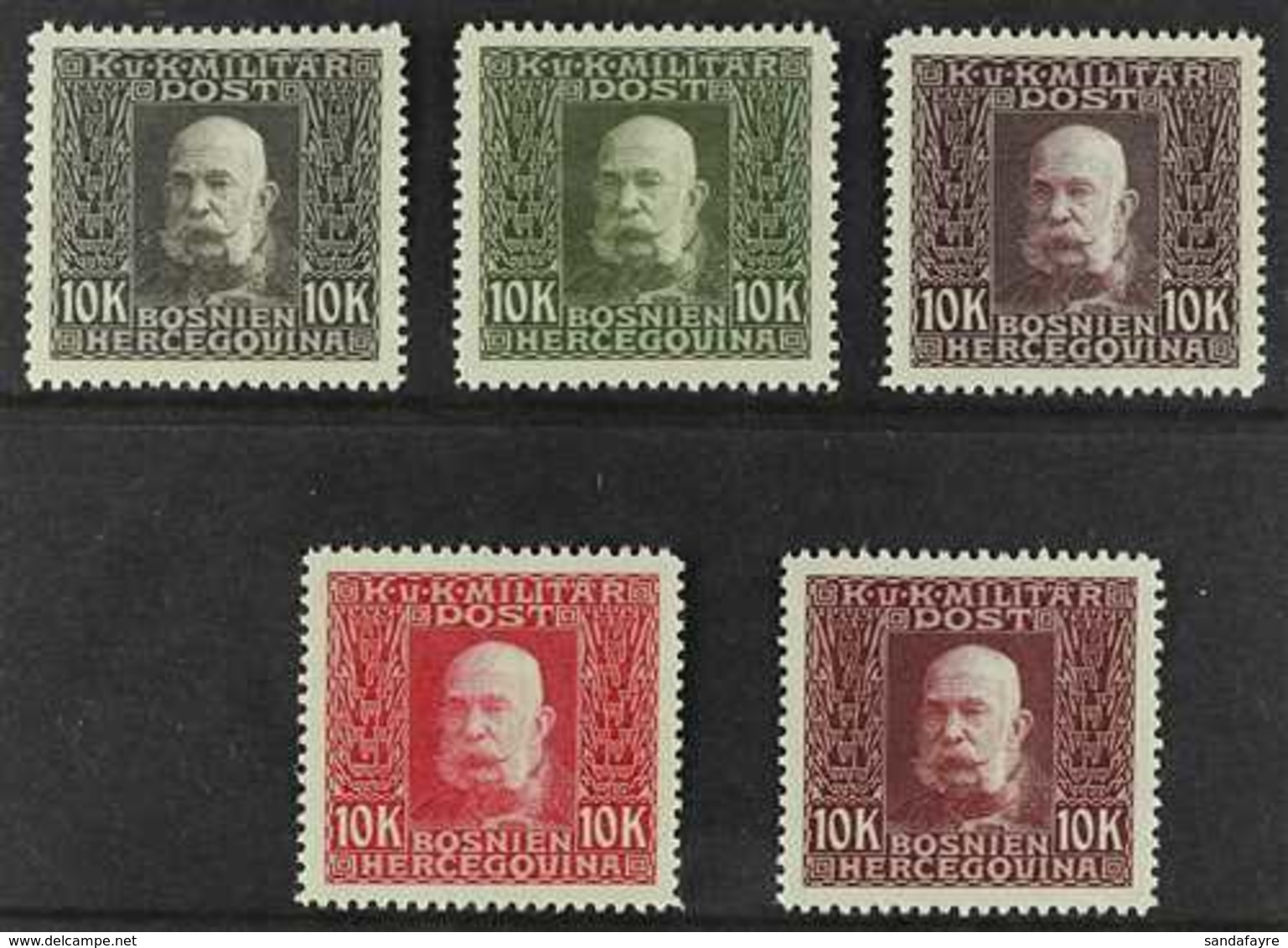 1912 - 1914 PROOFS 10k Francis Joseph I Complete Set Of PERFORATED COLOUR PROOFS Printed In Five Different Unissued Colo - Bosnia Erzegovina
