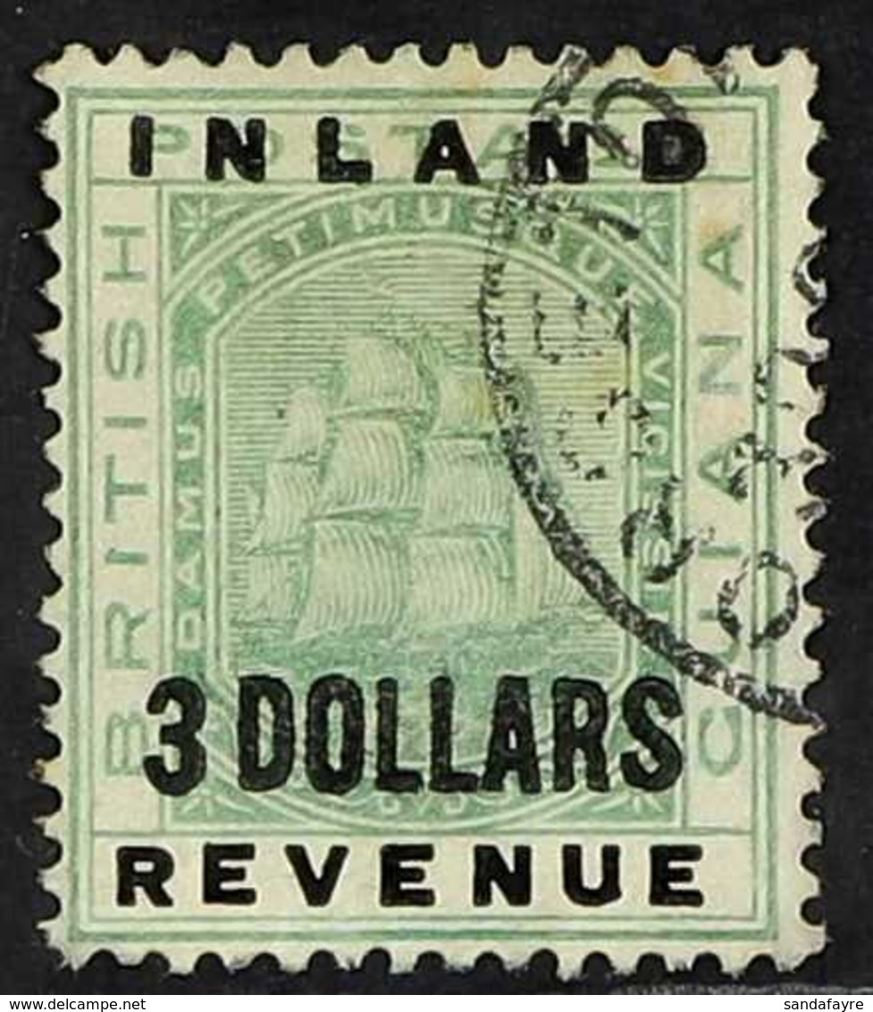 1888 $3 Green Inland Revenue, SG 187, Used. Couple Faint Tone Spots But Scarce.  For More Images, Please Visit Http://ww - Guyane Britannique (...-1966)