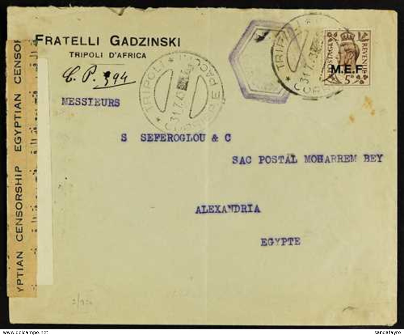 MEF 1943 (31 July) Commercial Cover To Alexandria, Bearing 5d "M.E.F." Opt'd Stamp Tied By "Tripoli" Cds Cancel, Plus An - Afrique Orientale Italienne