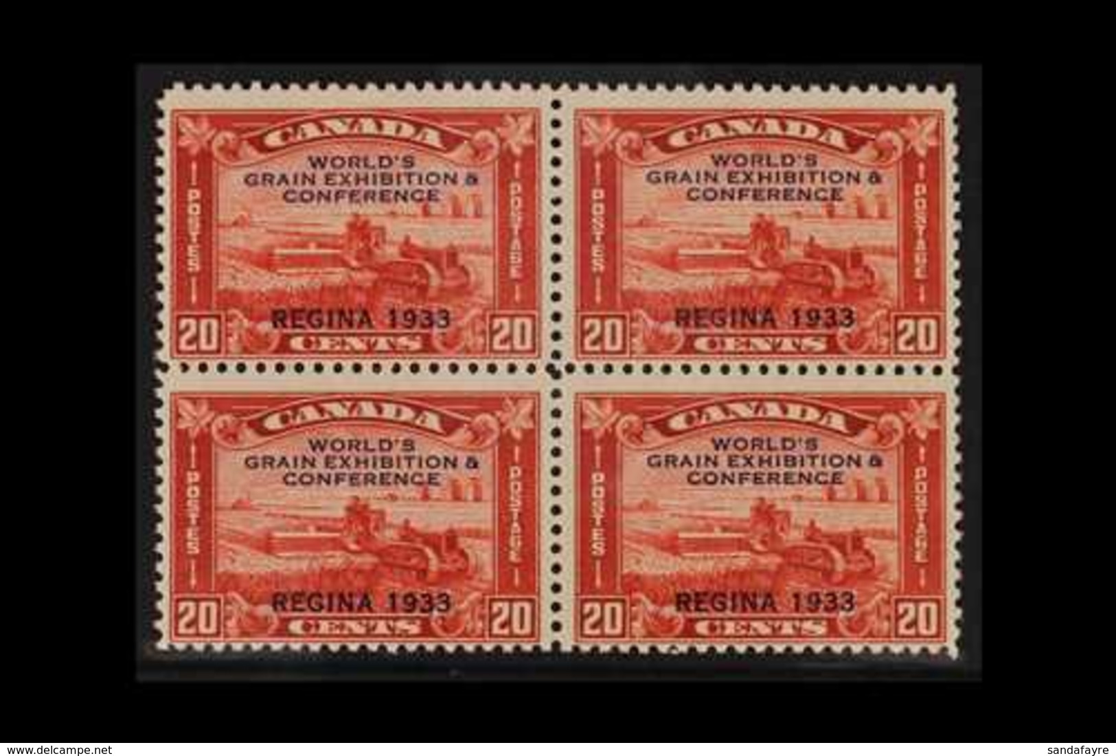 1933 20c Red, Worlds Grain Exhibition, SG 330, Very Fine Never Hinged Mint Block Of 4. For More Images, Please Visit Htt - Autres & Non Classés