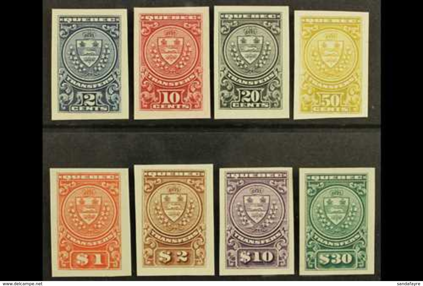 REVENUE STAMPS QUEBEC 1907 Stock Transfer Complete Set (as Barefoot 1/8) IMPERF PROOFS On Card, Van Dam QST 1-8P. The $1 - Altri & Non Classificati