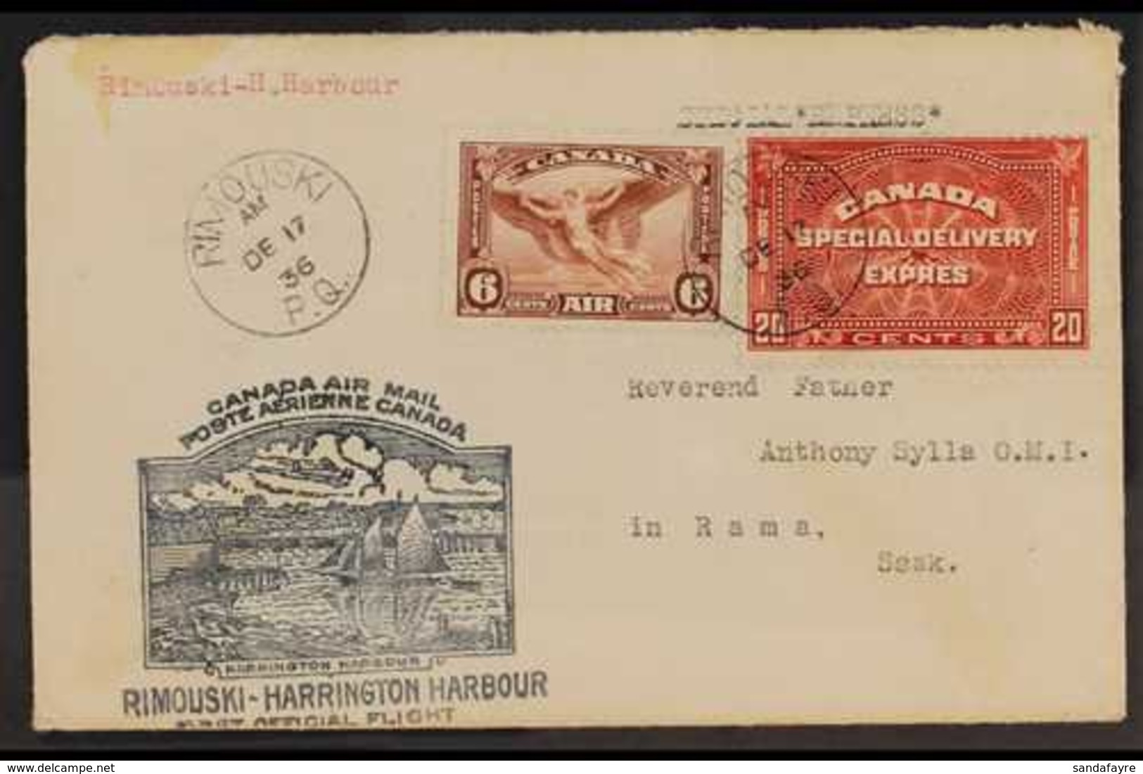 SPECIAL DELIVERY 1936 First Flight Cover Used With 1935 6c Airmail (SG 355) & 1932 20c Brown-red S/Del (SG S7), Reg'd &  - Altri & Non Classificati