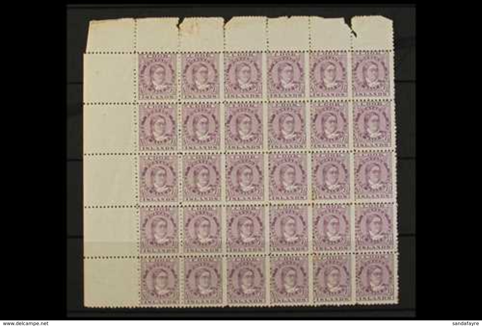 1896 1½d Deep Lilac Queen Makea Takau, SG 14, Upper Left Corner Block Of Thirty (6 X 5), Unmounted Mint, Age Marks On So - Cook