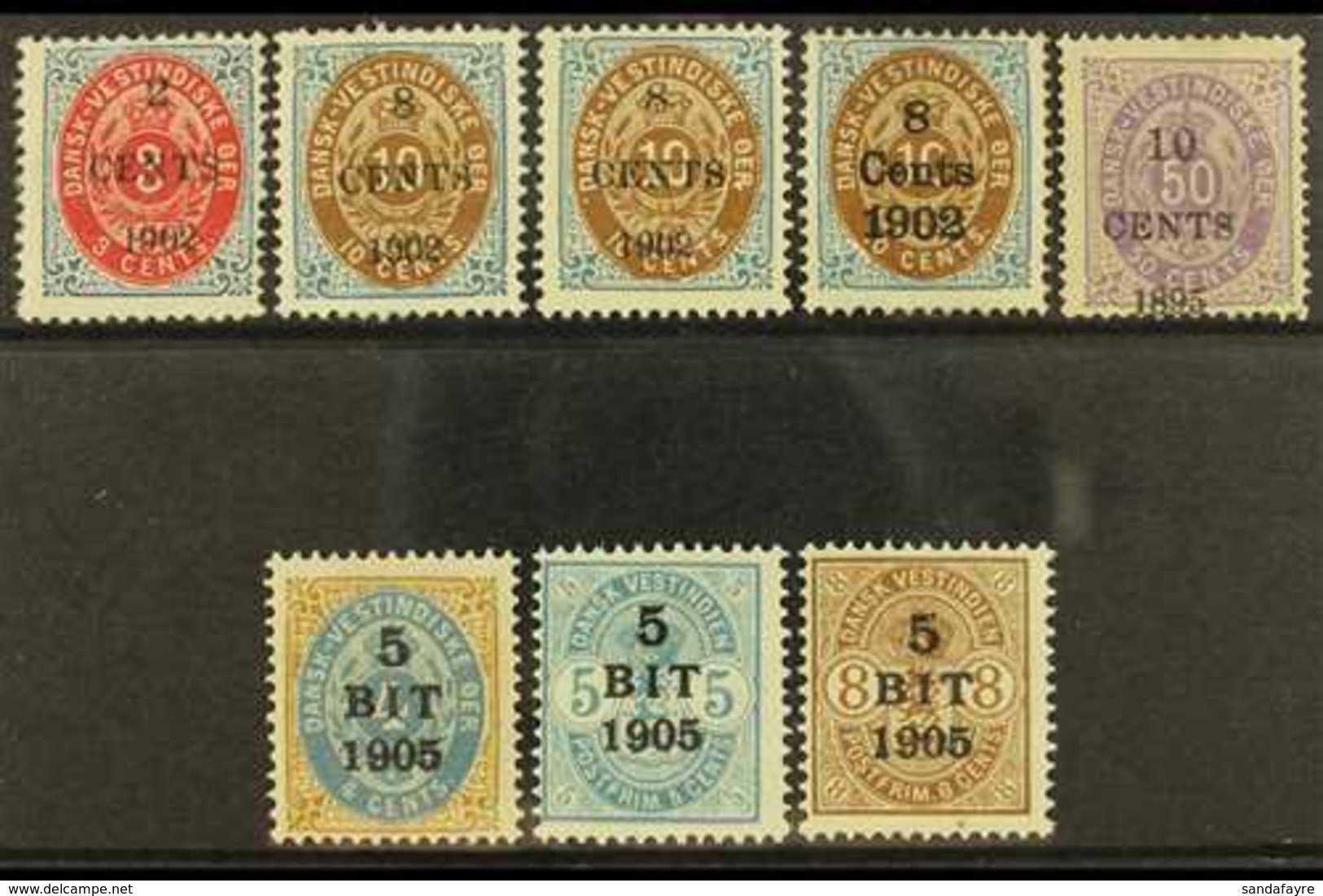 1902-05 SURCHARGES Mint Range With 2 CENTS 1902 On 3c Nhm, 8 CENTS On 10c Nhm, Another With White Spot On R's Foot (Faci - Danish West Indies