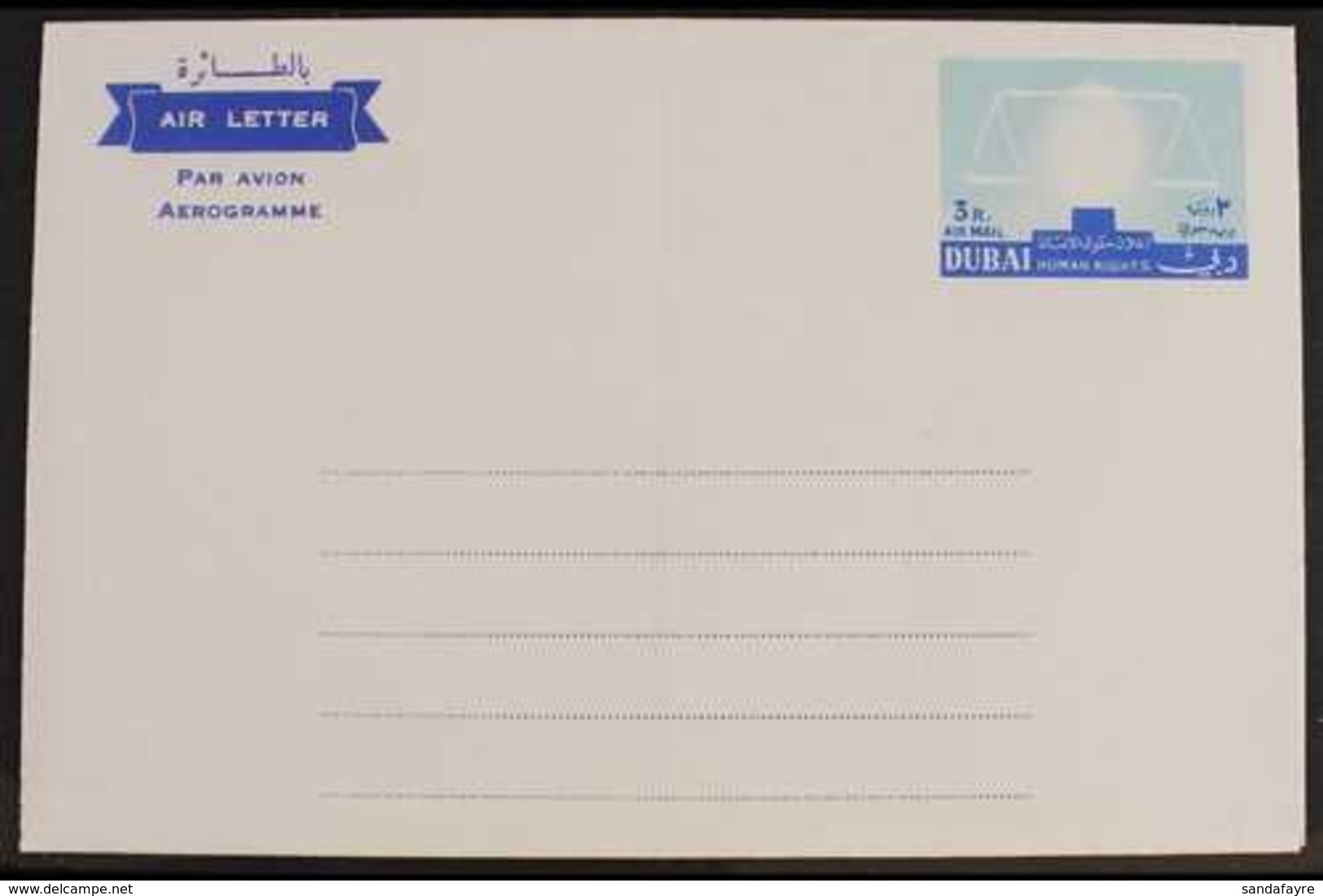 1964 Unissued 3R Human Rights AIR LETTER, With MISSING FLAME VARIETY (no Red Impression), Very Fine Unused. Rare! For Mo - Dubai