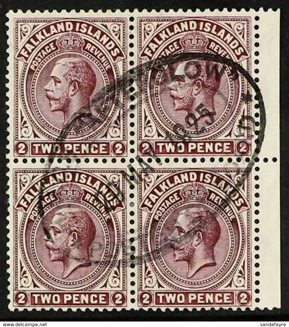 1925 2d Deep Purple Brown, SG 75, Marginal Block Of 4 With Complete "HMS Afterglow" Oval Datestamp. For More Images, Ple - Falkland