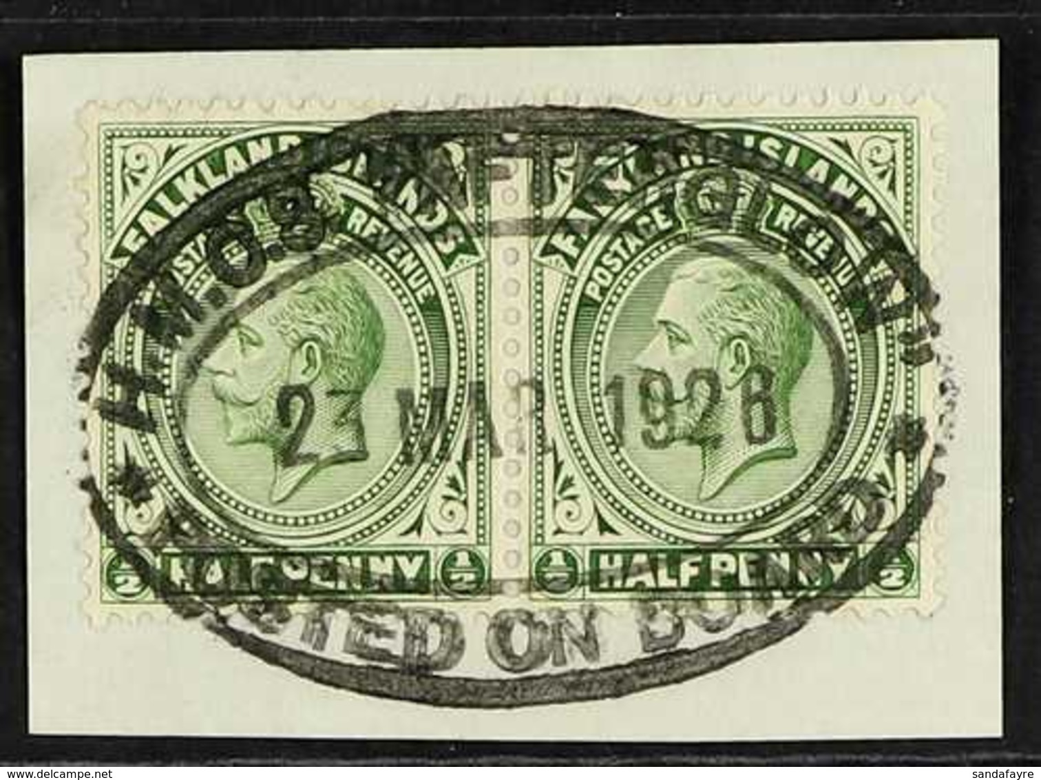 1926 ½d Green Horizontal Pair, SG 73, Superb Used On Piece With Complete "HMS Afterglow" Oval Datestamp. For More Images - Falkland