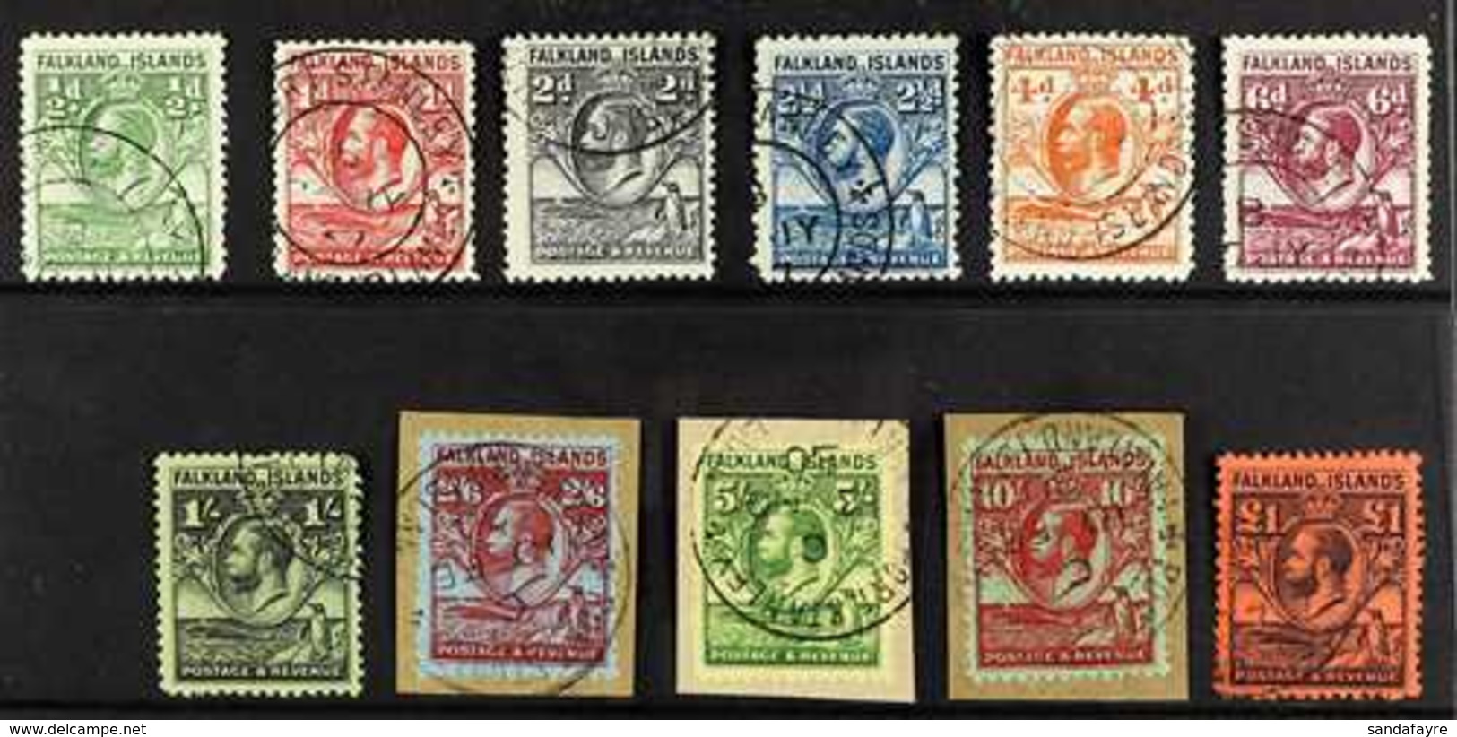 1929 "Whale And Penguin" Set Complete, SG 116/26, Fine To Very Fine Used. 2s 6d, 5s And 10s On Piece. (11 Stamps) For Mo - Falklandeilanden