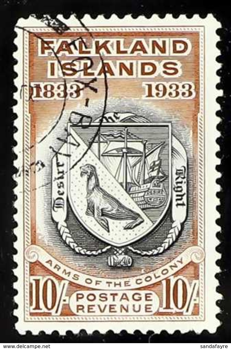 1933 10s Black And Chestnut, Centenary, SG 137, Superb Used With Fox Bay Cds Cancel. BPA Certificate. For More Images, P - Falkland