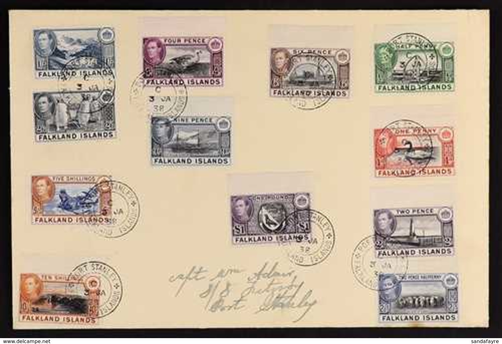 1938 (3 Jan) FIRST DAY COVER Bearing The 12 Issued Pictorial Definitive Values (SG 146-163) Tied Port Stanley Cds's. Att - Falkland