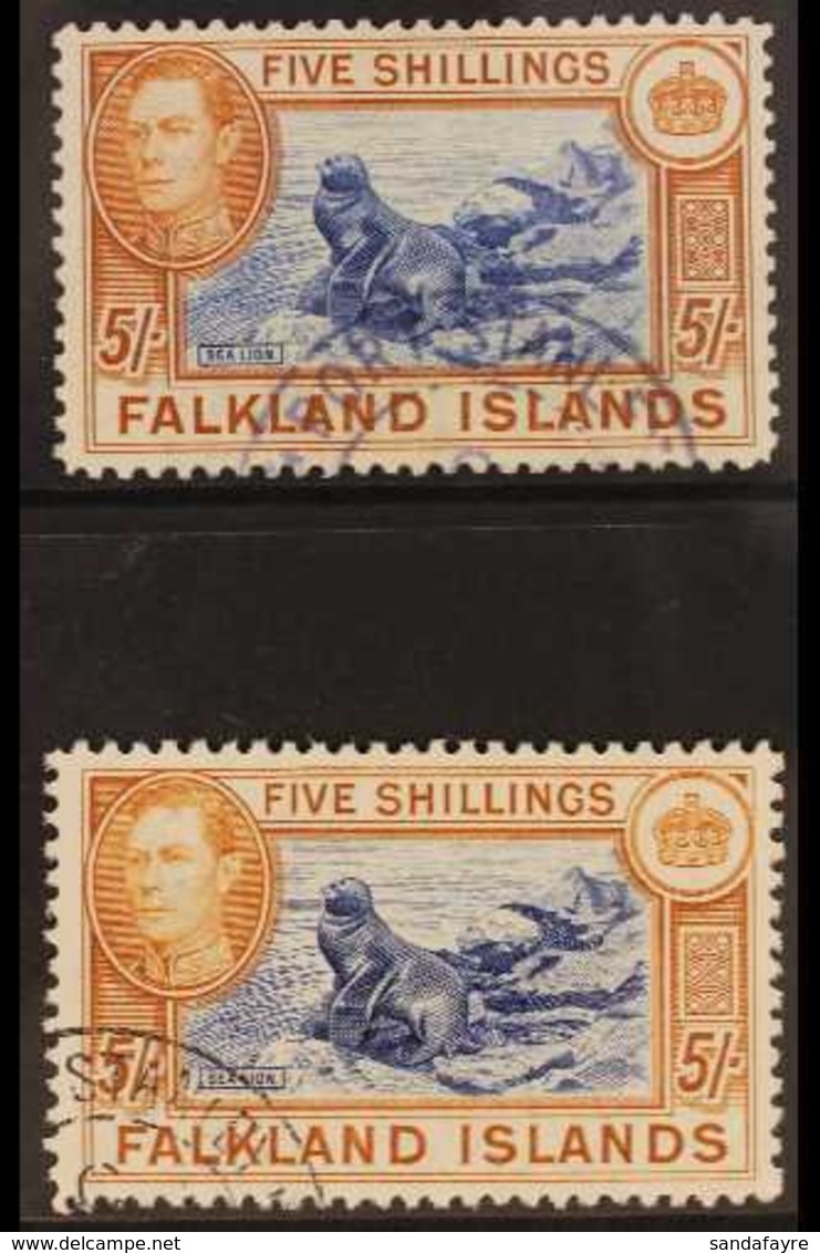 1938-50 KGVI 5s Blue & Chestnut, SG 161 & 5s Indigo & Pale Yellow Brown, SG 161b, Very Fine, Cds Used (2 Stamps) For Mor - Falkland