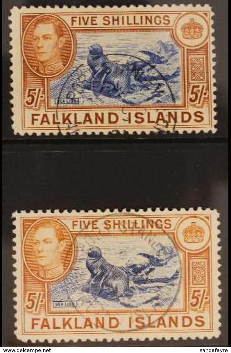 1938-50 KGVI 5s Blue & Chestnut, SG 161 & 5s Indigo & Pale Yellow Brown, SG 161b, Very Fine, Cds Used (2 Stamps) For Mor - Falkland