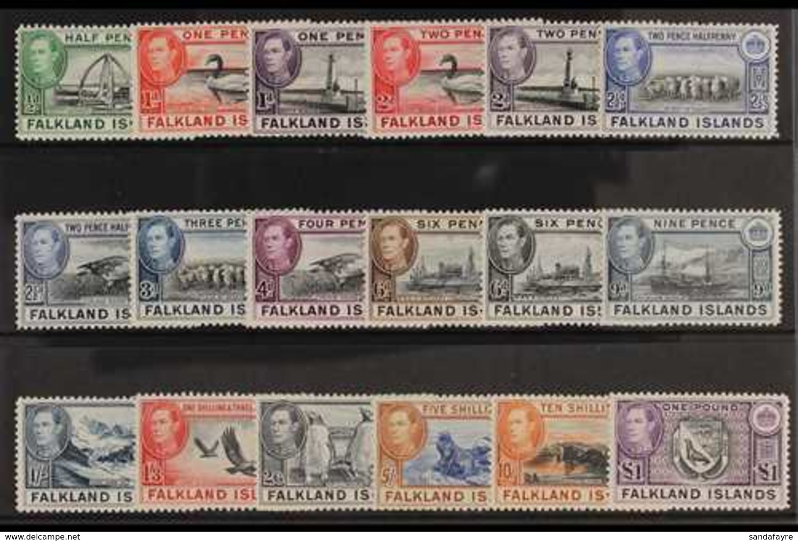 1938-50 NEVER HINGED MINT. An Attractive KGVI Definitives Complete Set, SG 146/63, Never Hinged Mint. Lovely Condition ( - Falkland