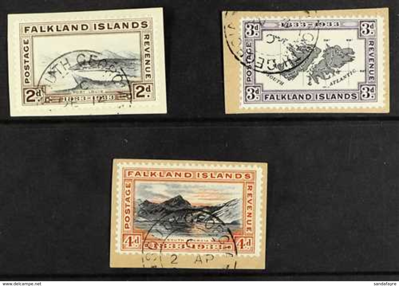 SOUTH GEORGIA 1933 Centenary 2d, 3d And 4d, Used On Piece With South Georgia Cds Cancels, SG Z57/9, Fine Used. (3 Stamps - Falklandeilanden