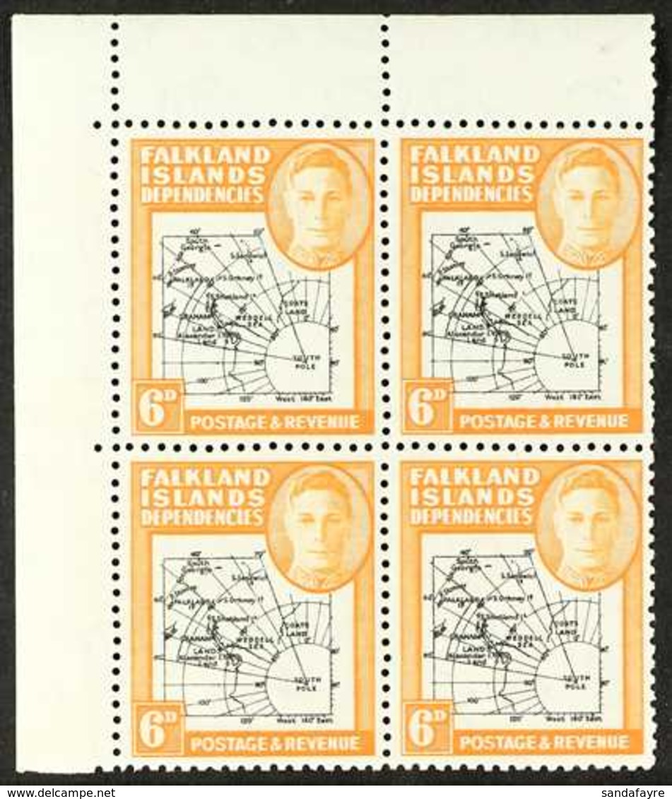 1946 6d Black And Orange, Variety "Missing I In Is", SG G6b In Nhm Corner Block Of Normals. For More Images, Please Visi - Falkland