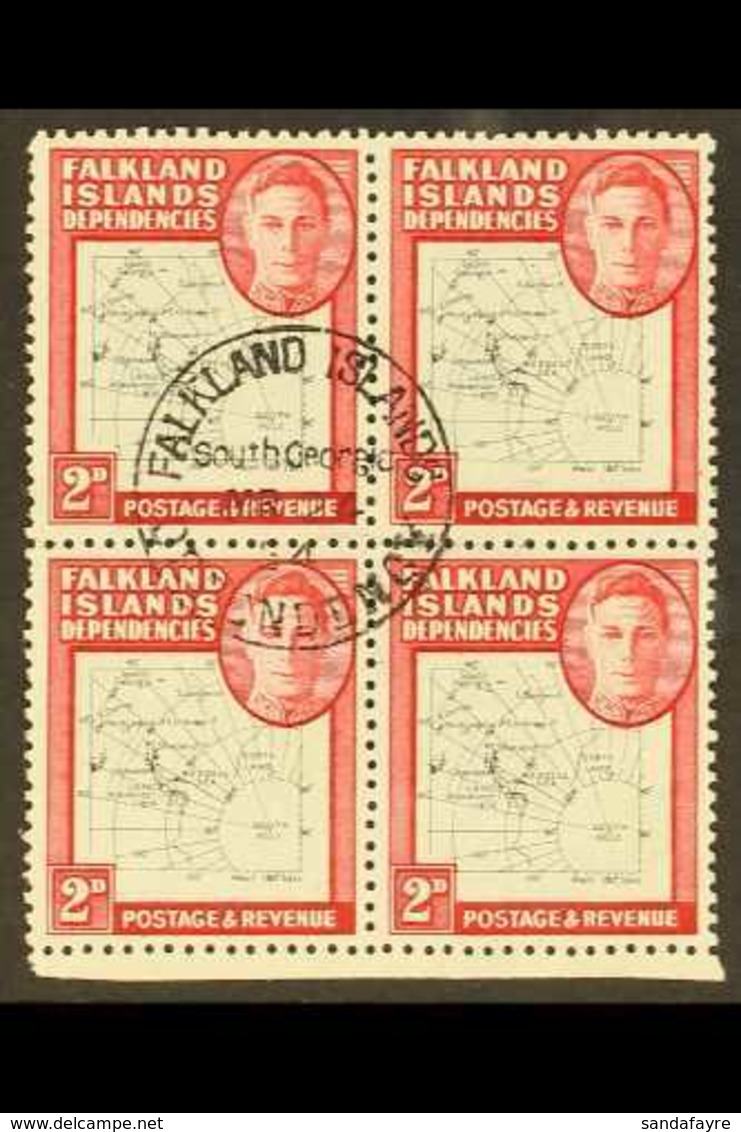 1946-49 2d Black & Carmine DOT IN "T" Variety, SG G11a, Within Superb Cds Used Marginal BLOCK Of 4, Very Fresh & Attract - Falkland