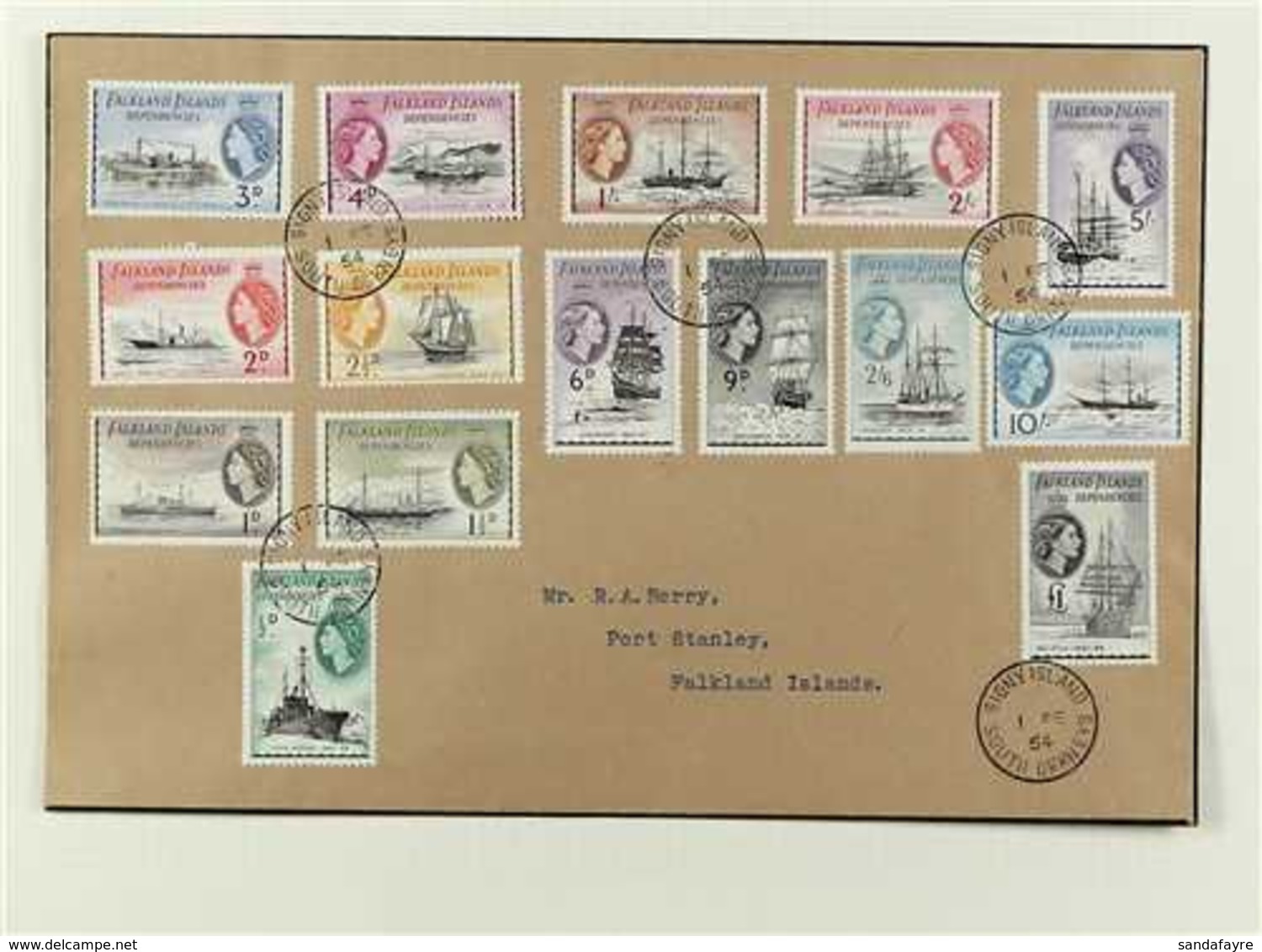 1954 SHIPS - RARE GROUP OF FIRST DAY COVERS. A Set Of Five FDC's Each Bearing The Complete 1954 Ship Definitive Set Canc - Falkland