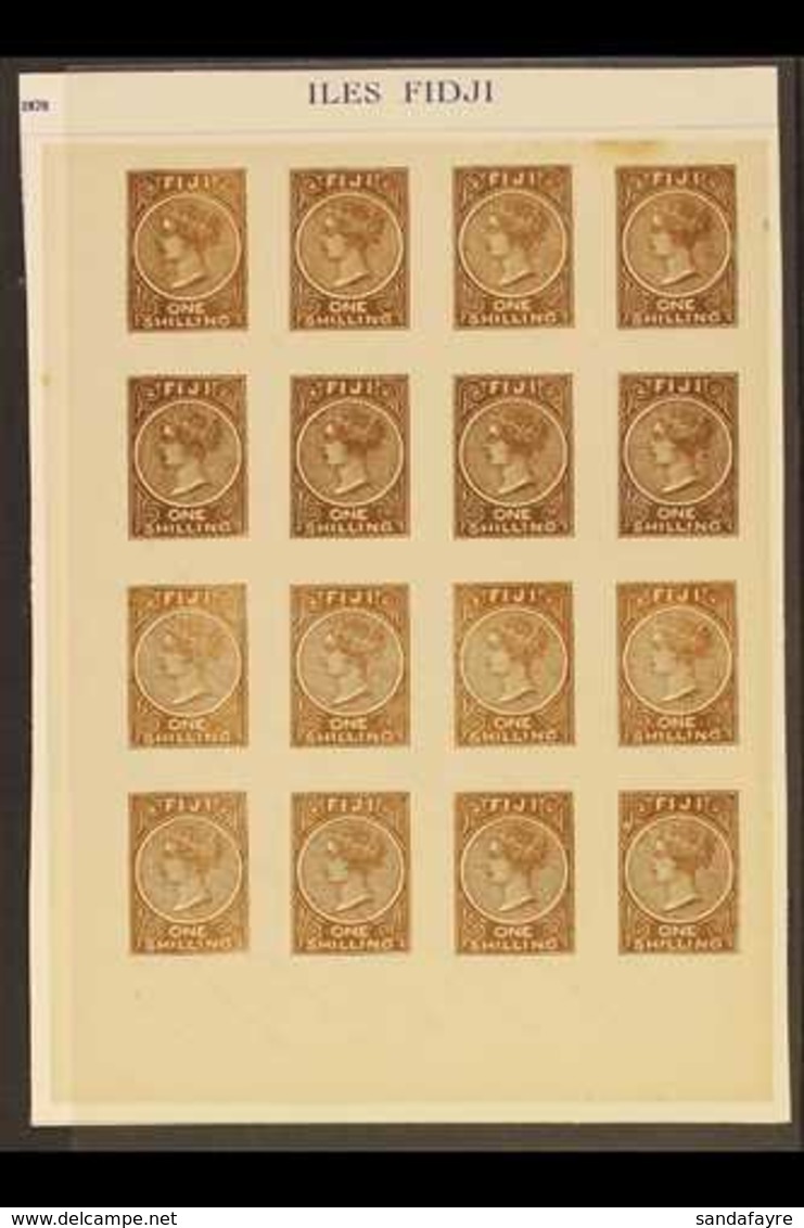 FOURNIER FORGERIES. 1881 1s Brown Imperforate Block Of 16 Forgeries By Francois Fournier, With Blue "Facsimile" Underpri - Fidji (...-1970)