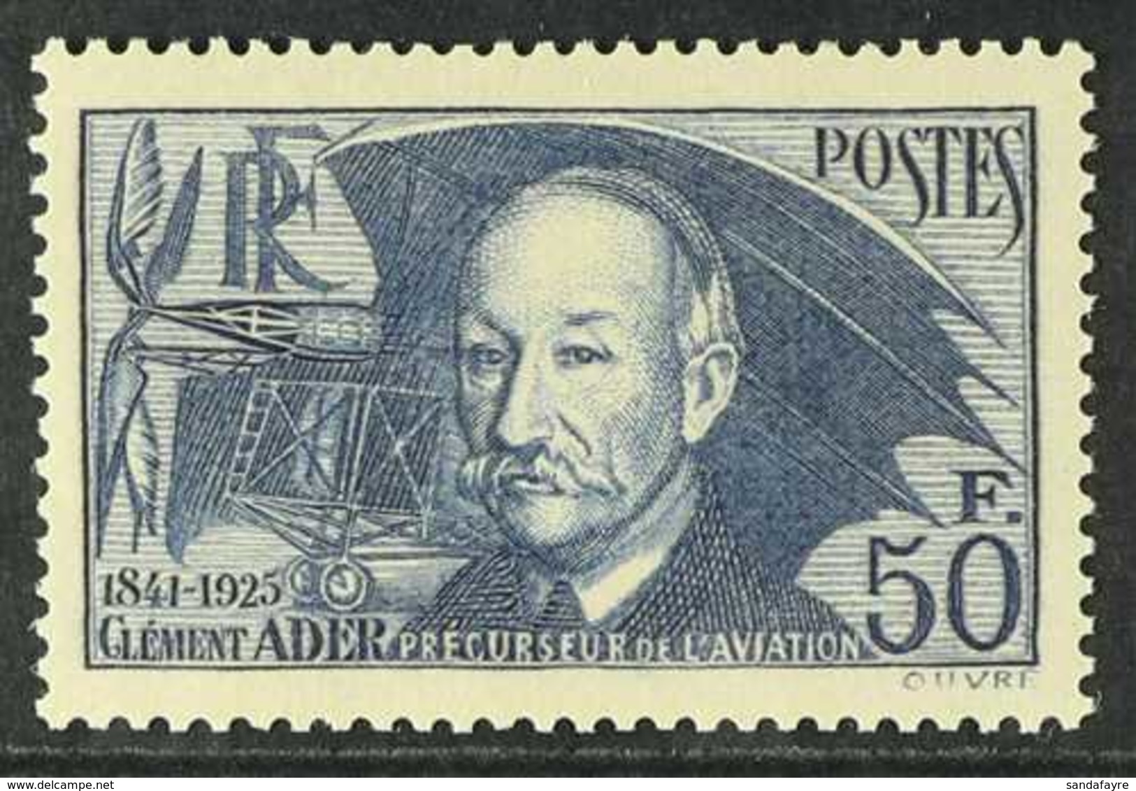 1938 Clement Ader 50f Bright Blue (Yvert 398, SG 612a), Never Hinged Mint. For More Images, Please Visit Http://www.sand - Autres & Non Classés