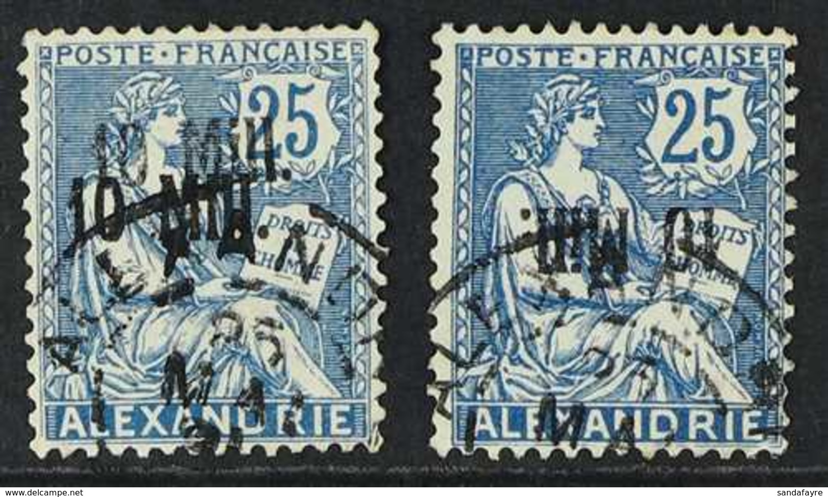 ALEXANDRIA 1921 10m On 25c Blue SURCHARGE DOUBLE And 10m On 25c Blue SURCHARGE INVERTED Varieties (Yvert 42a/b, SG 44a/b - Autres & Non Classés