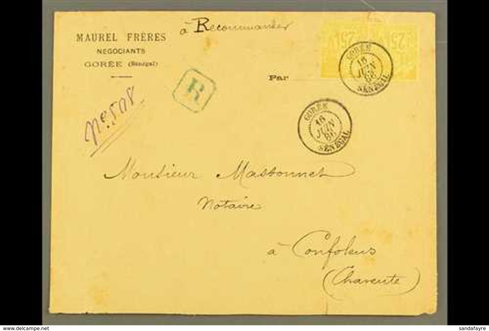 SENEGAL GOREE 1881 25c Yellow-bistre Of General Issues Horiz Pair, Maury 53, On Prtd Reg Cover To France Tied By Very Fi - Altri & Non Classificati