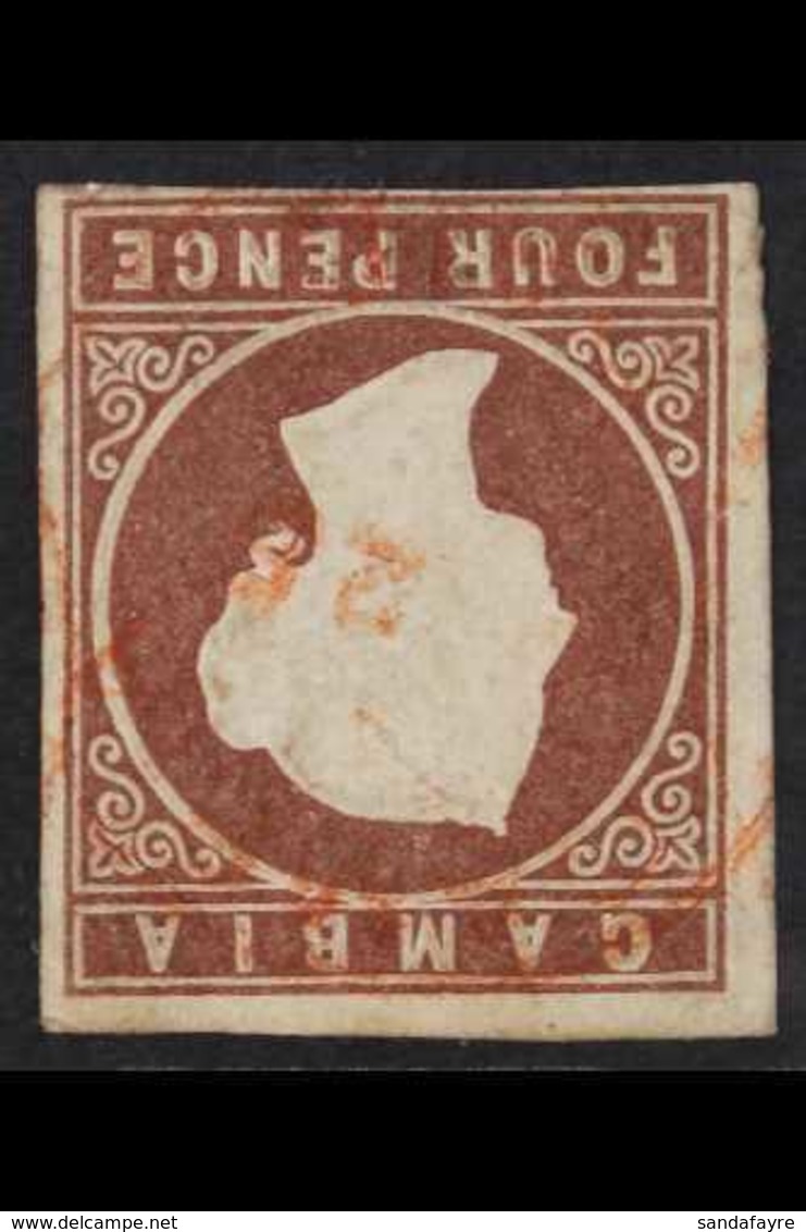 1874 4d Brown, CC Wmk, Imperf, Variety "WATERMARK INVERTED", SG 5w, 4 Clear To Wide Margins & Light Red Cds Cancel, Very - Gambie (...-1964)