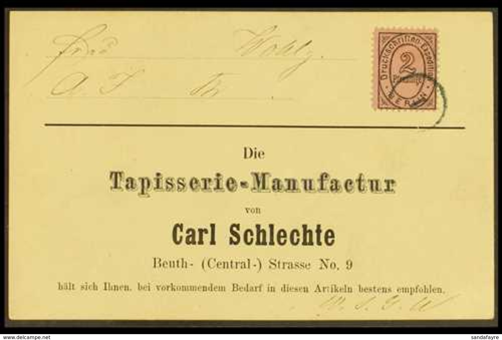 BERLIN BRIEF UND DRUCKSCHRIFTEN EXPEDITION 1873 2pf Black On Rose (Michel 1) On Locally Addressed Commercial Postcard Ti - Autres & Non Classés