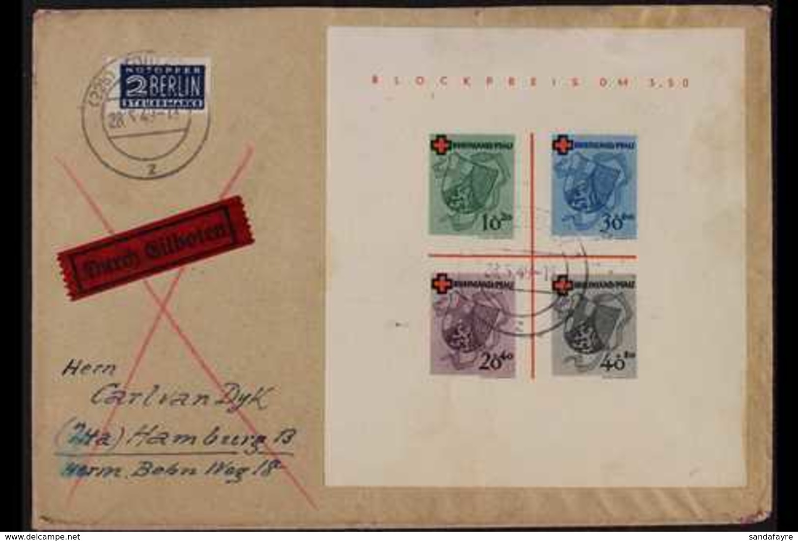 FRENCH ZONE RHEINLAND-PFALZ 1949 (28 May) Express Cover Addressed To Hamburg, Bearing 1949 Red Cross Mini-sheet (Michel  - Autres & Non Classés