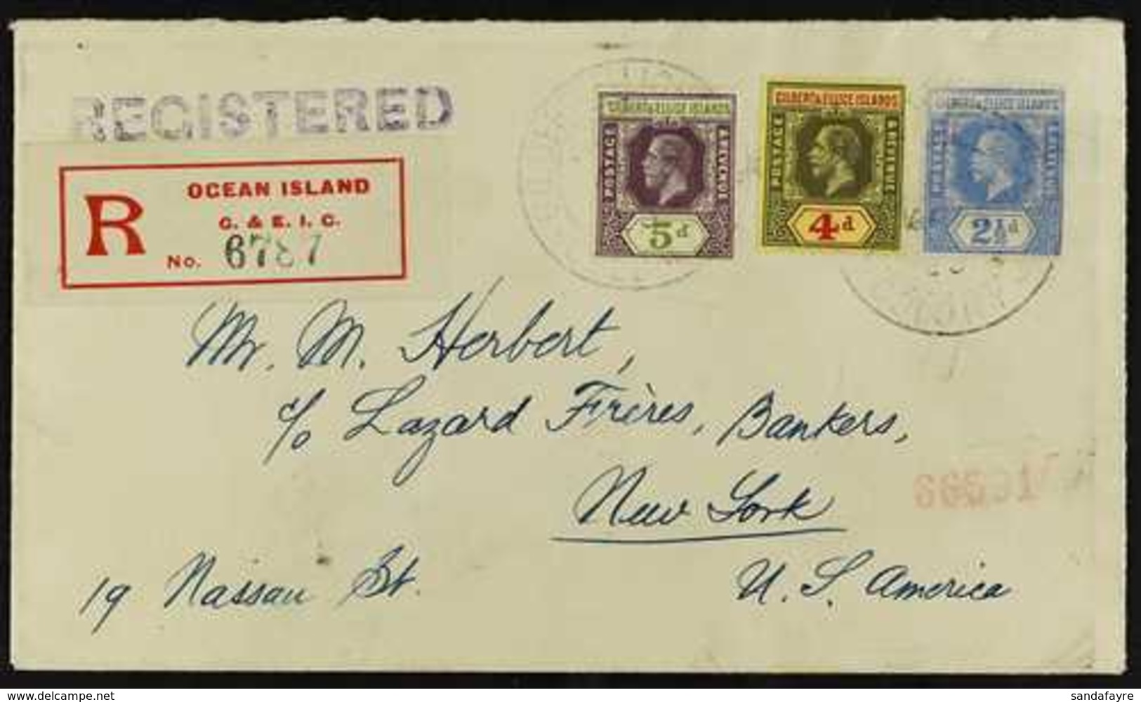 1920 (23 Apr) Registered Cover Addressed To New York, Bearing 1912-24 2½d, 4d & 5d Stamps Tied By "Gilbert & Ellice Isla - Îles Gilbert Et Ellice (...-1979)