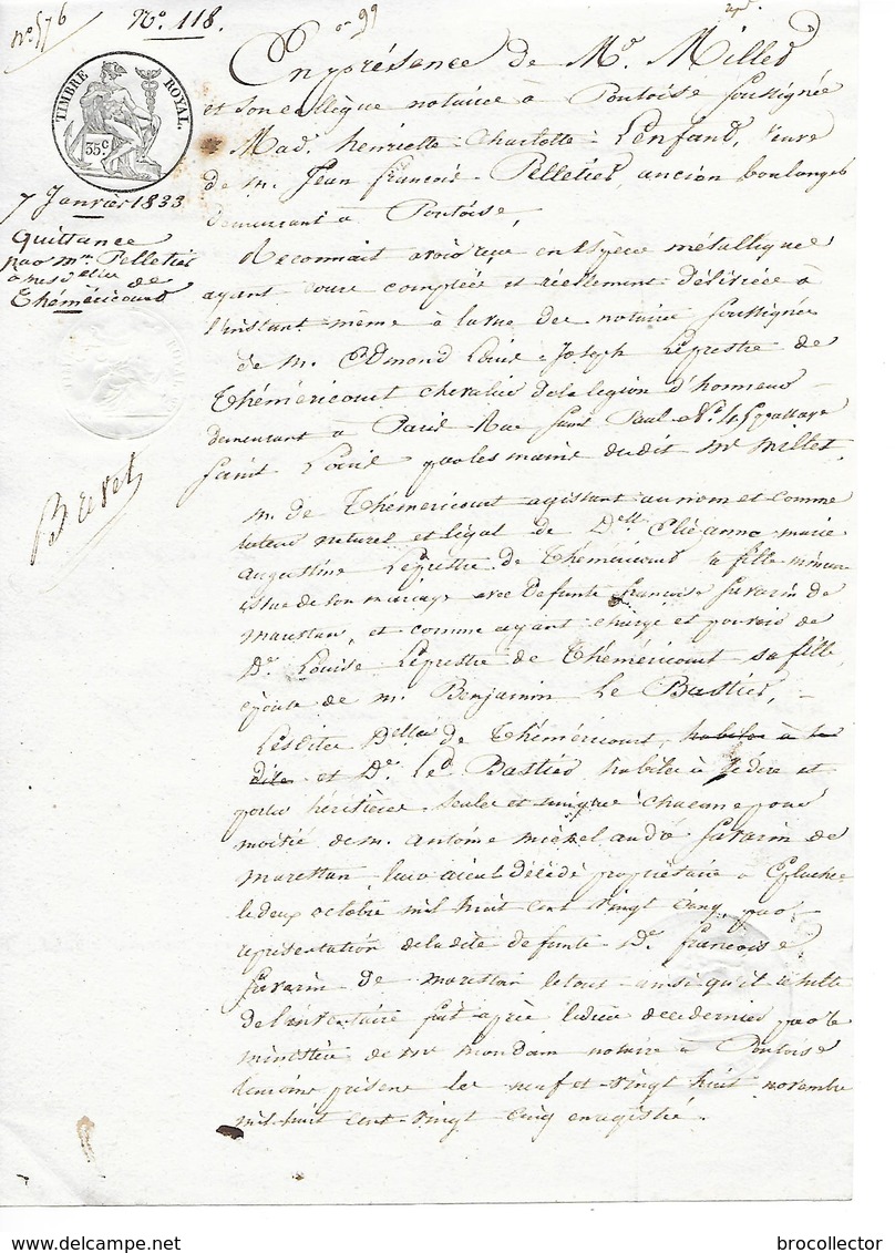 -Reçu En Espèces Métalliques Ayant Cours -  Timbre Royal De 35 Cts De 1833 - Cachets Généralité