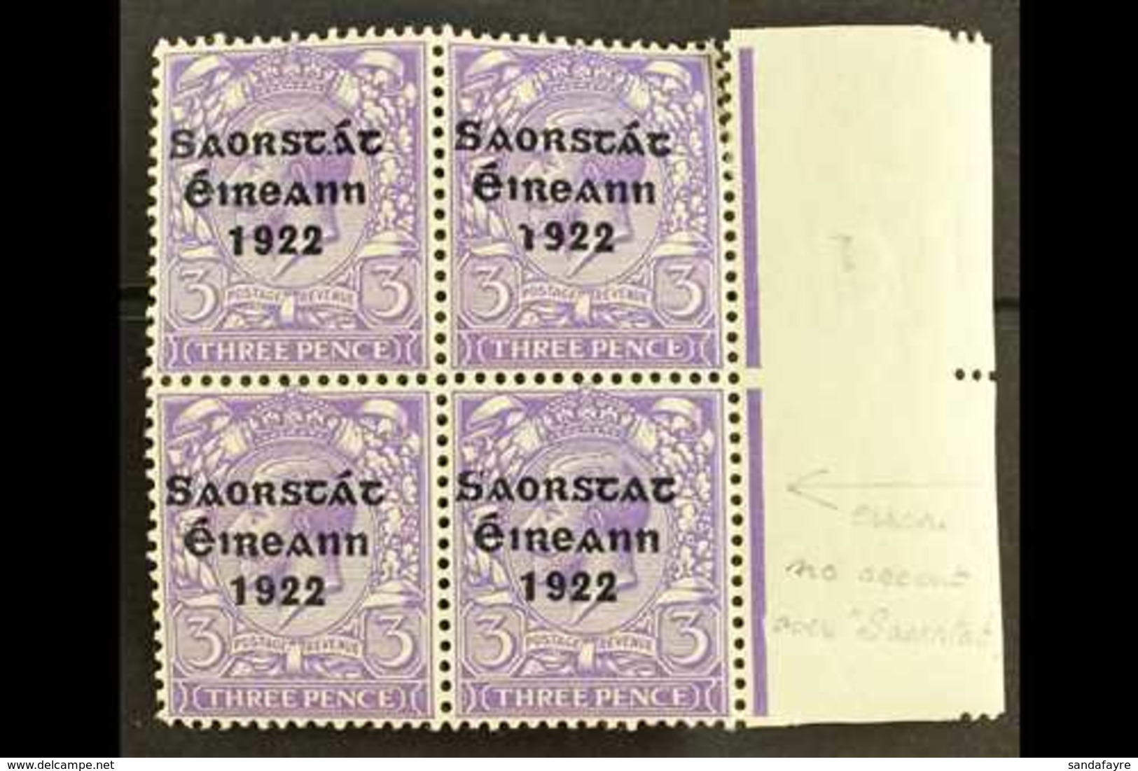 1922-23 SAORSTAT 3d Bluish Violet, Right Marginal Block Of Four, Showing NO ACCENT, SG 57a, Fresh Mint, Light Crease. Fo - Other & Unclassified