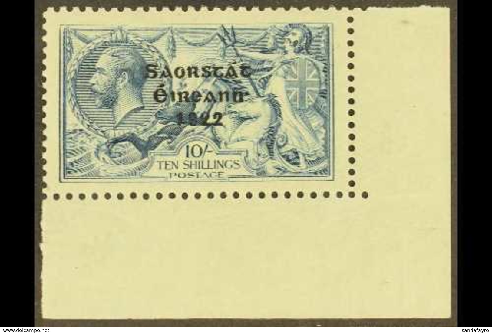 1922-3 10s Dull Grey-blue Seahorse, Thom, Three Line Overprint, Corner Marginal Example From Lower Right (R10/4), Showin - Altri & Non Classificati