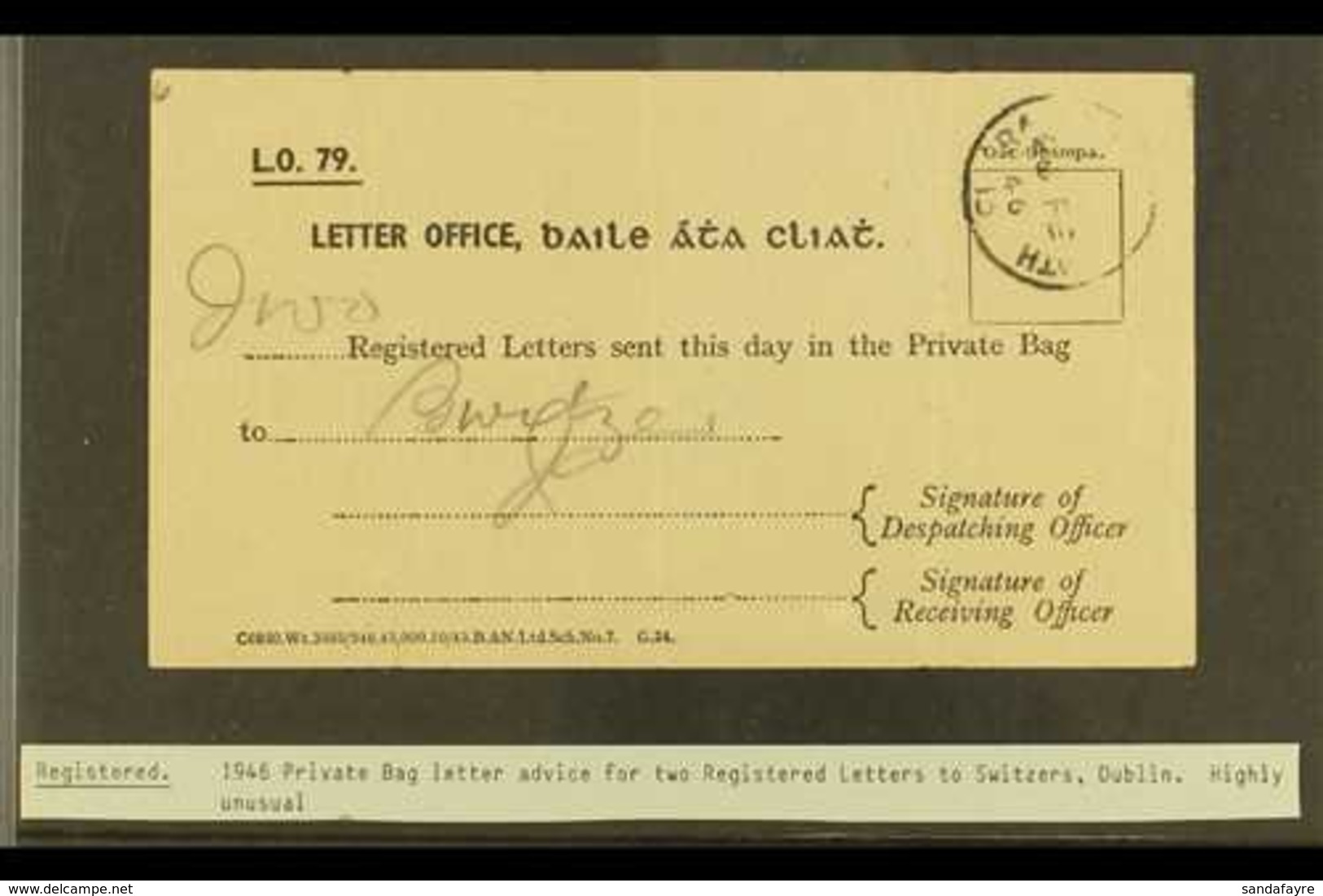 1946 PRIVATE BAG LETTER ADVICE A Scarce Private Bag Receipt For Two Registered Letters  To Switzers In Dublin. For More  - Altri & Non Classificati