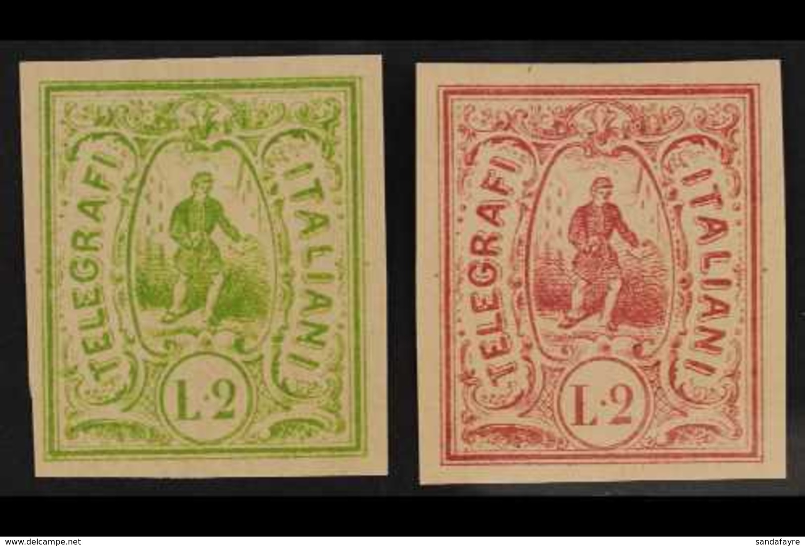 ESSAYS TELEGRAPHS 1863 2L 'Telegrafi Italiani' Postman Unapproved Imperf Essays Printed In Two Different Colours On Ungu - Non Classés