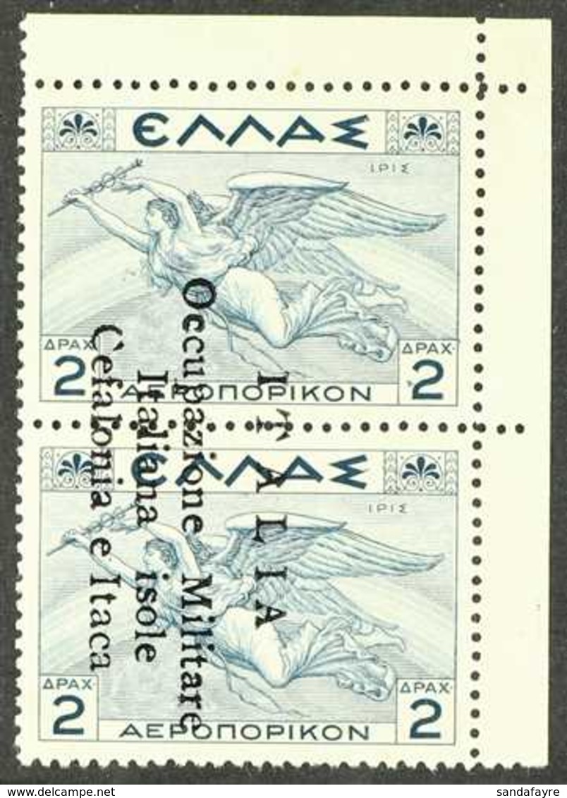 CEFALONIA & ITHACA 2 + 2d Blue Airmail, Vertical Pair Overprinted, Sass 3, Very Fine Never Hinged Mint. Signed Oliva. Ca - Altri & Non Classificati
