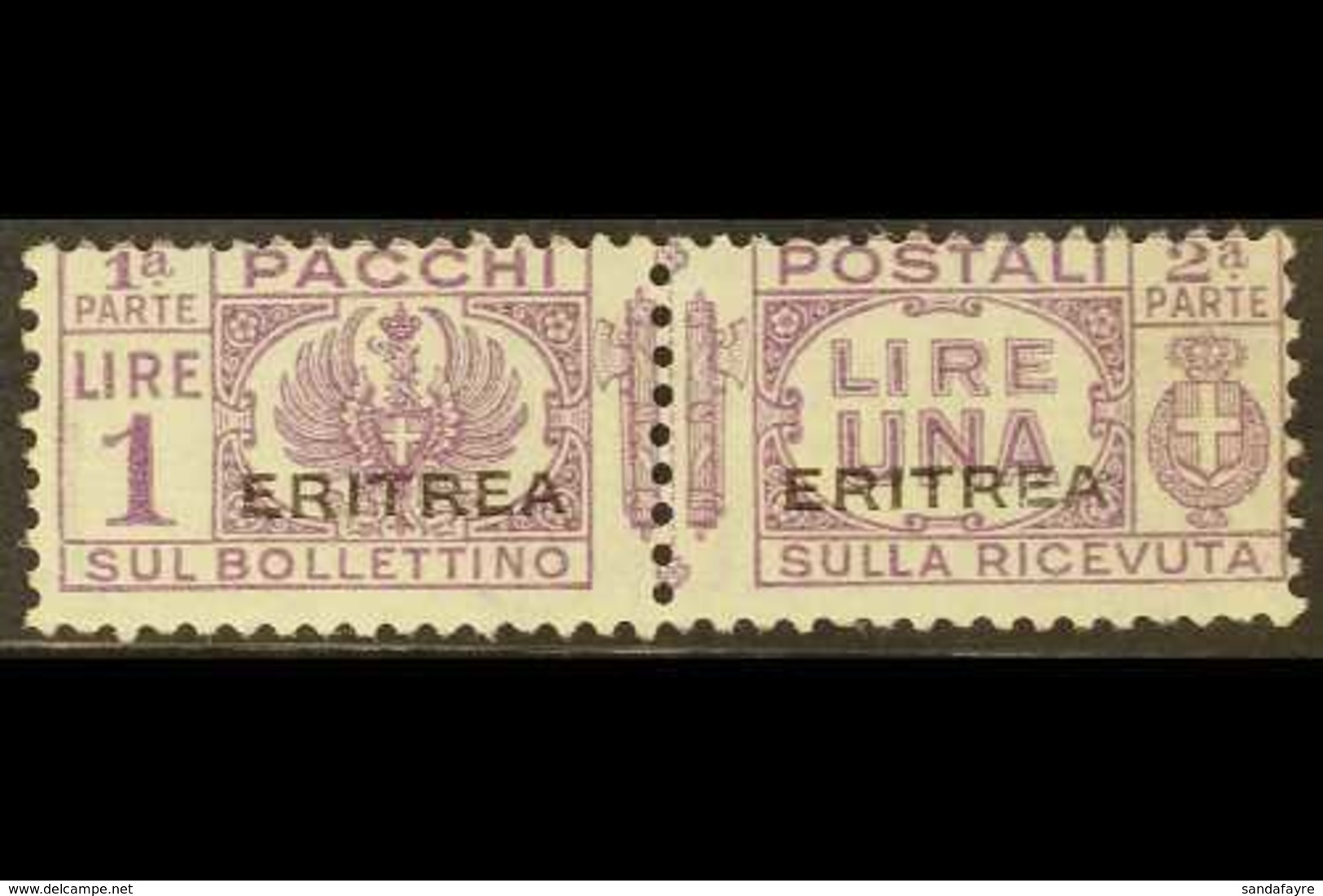 ERITREA PARCEL POST 1927-37 1L Violet Overprint (SG P128, Sassone 27), Fine Mint Horizontal Pair, Small Corner Gum Wrink - Altri & Non Classificati