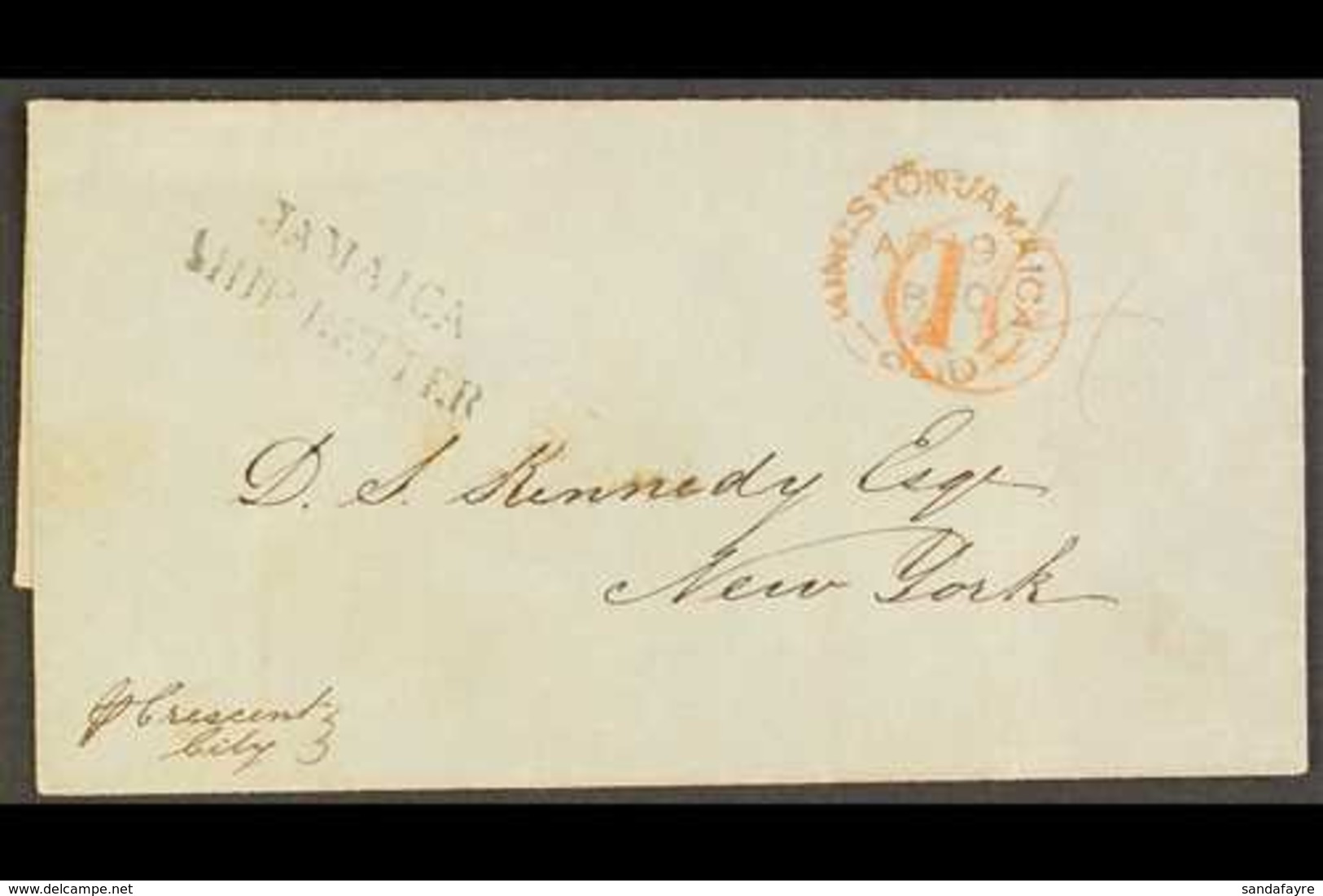 1850 JAMAICA SHIP LETTER (April) Outer Wrapper To New York, "Pr Crescent City", Showing Good JAMAICA/SHIP LETTER, Red Ki - Giamaica (...-1961)