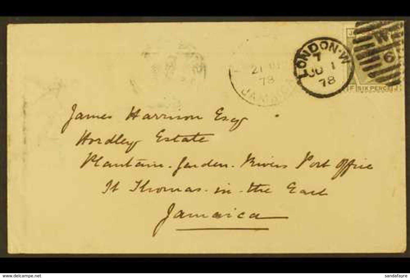 1878 (June 1) Attractive Incoming Cover To Jamaica Bearing GB 6d Grey (SG 147), Plate 15, Tied By Neat London W Duplex,  - Jamaïque (...-1961)