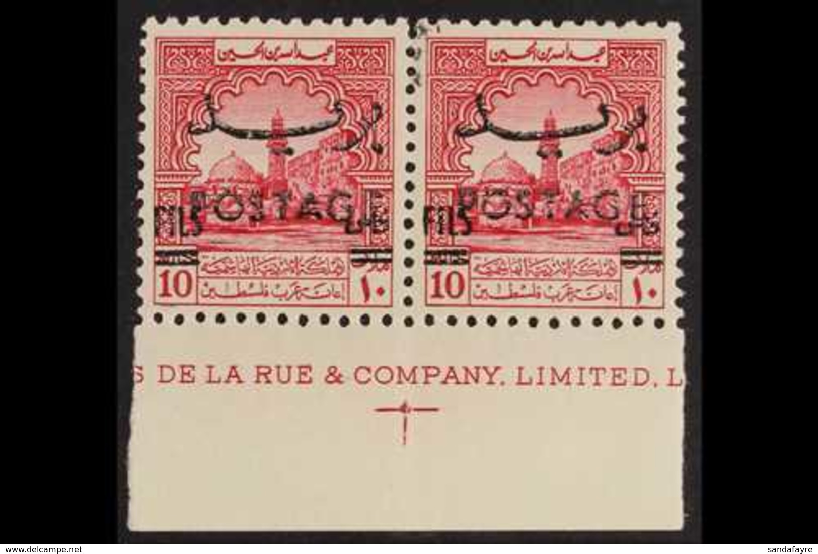 1953-56 10f On 10m Carmine "POSTAGE" Overprint, SG 404, Superb Never Hinged Mint Lower Marginal Horizontal PAIR With Alm - Jordanie