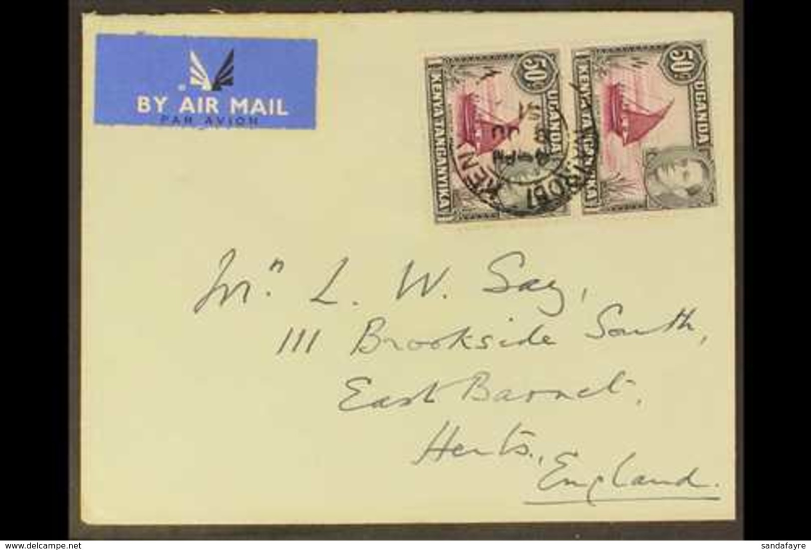 1938-54 50c Purple & Black Perf 13x12½ DOT REMOVED IN PAIR WITH NORMAL Variety, SG 144eb, Very Fine Used On 1951 Airmail - Vide