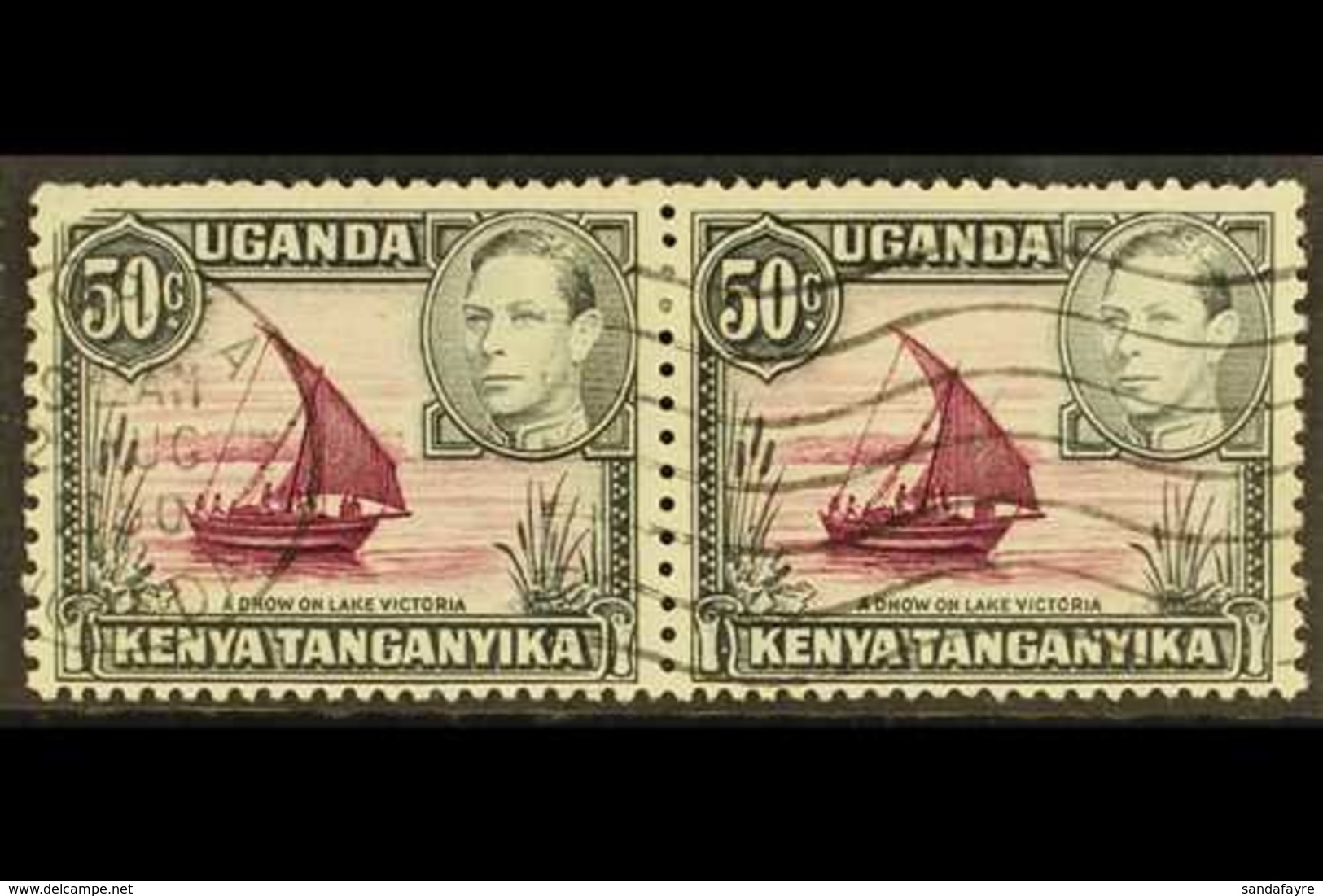 1950 50c Purple And Black, Horizontal Pair, One With Dot Removed, SG 144eb, Neatly Cancelled, Surface Scuff To Upper Lef - Vide