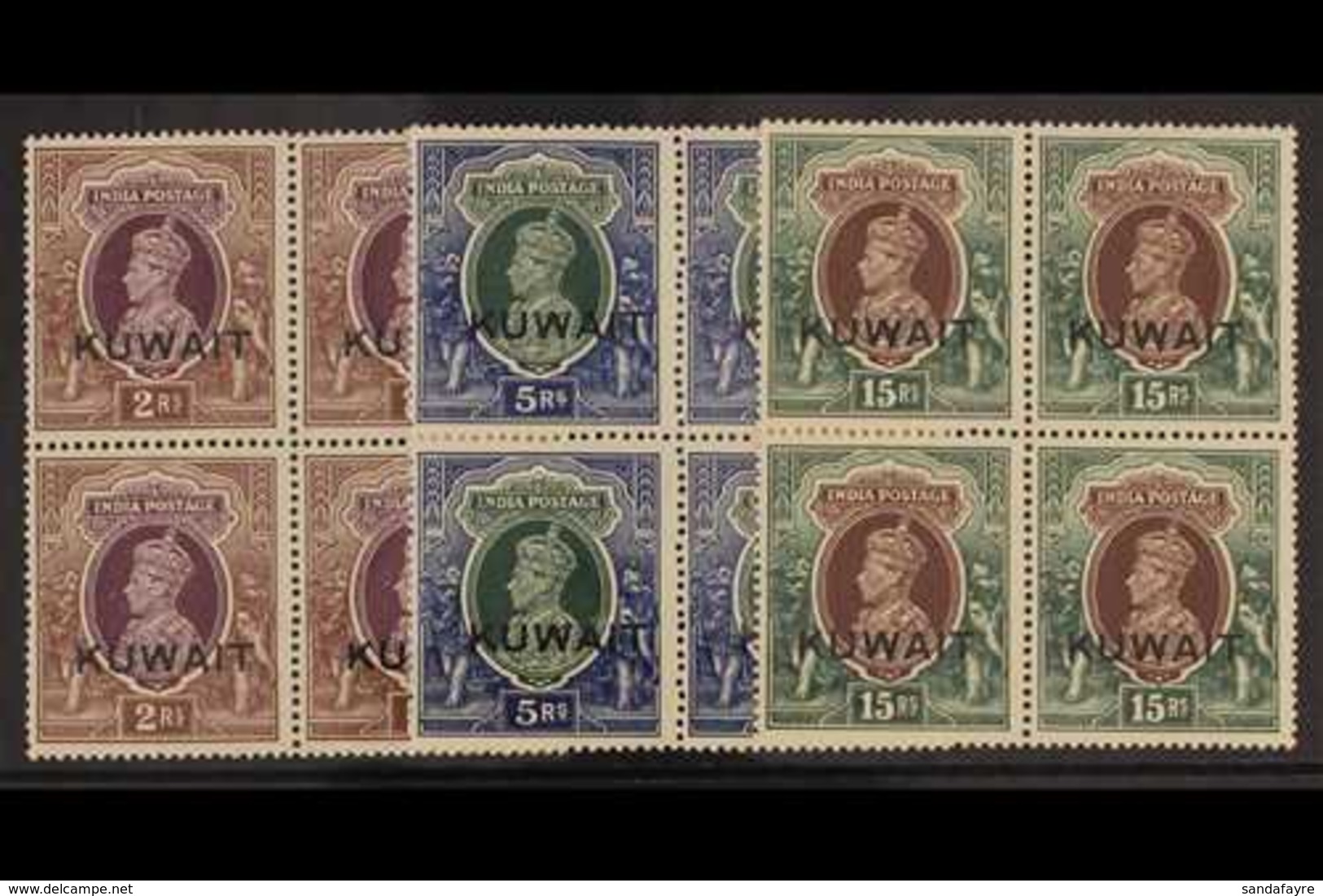 1939 2rs, 5r, & 15r (invtd Wmk), Geo VI, SG 48, 49, 51w, In Never Hinged Mint Blocks Of 4. (12 Stamps) For More Images,  - Koweït