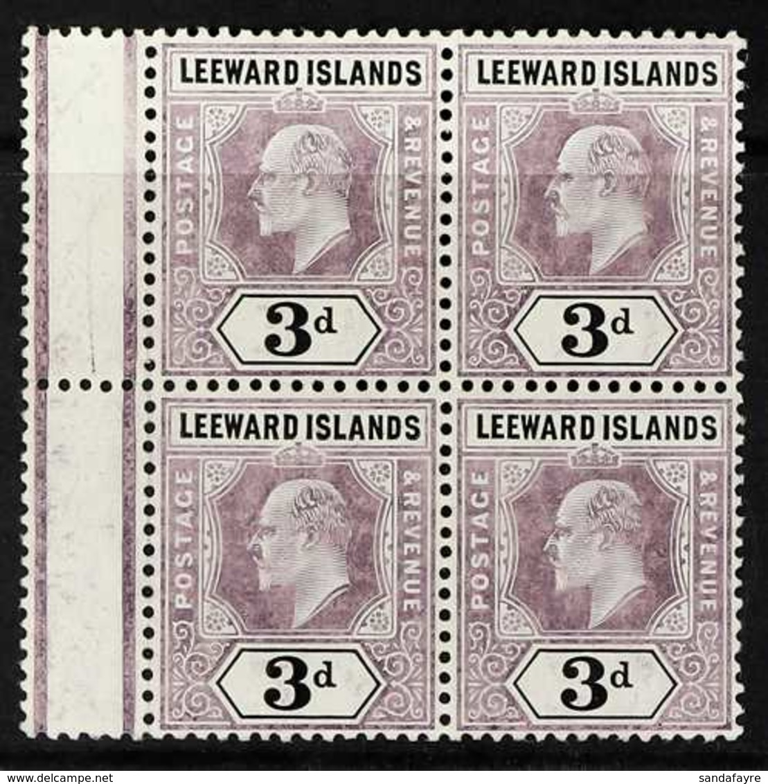 1905-08 3d Dull Purple And Black On Chalky Paper, SG 33a, Superb Never Hinged Mint Block Of Four With Gutter Margin At L - Leeward  Islands