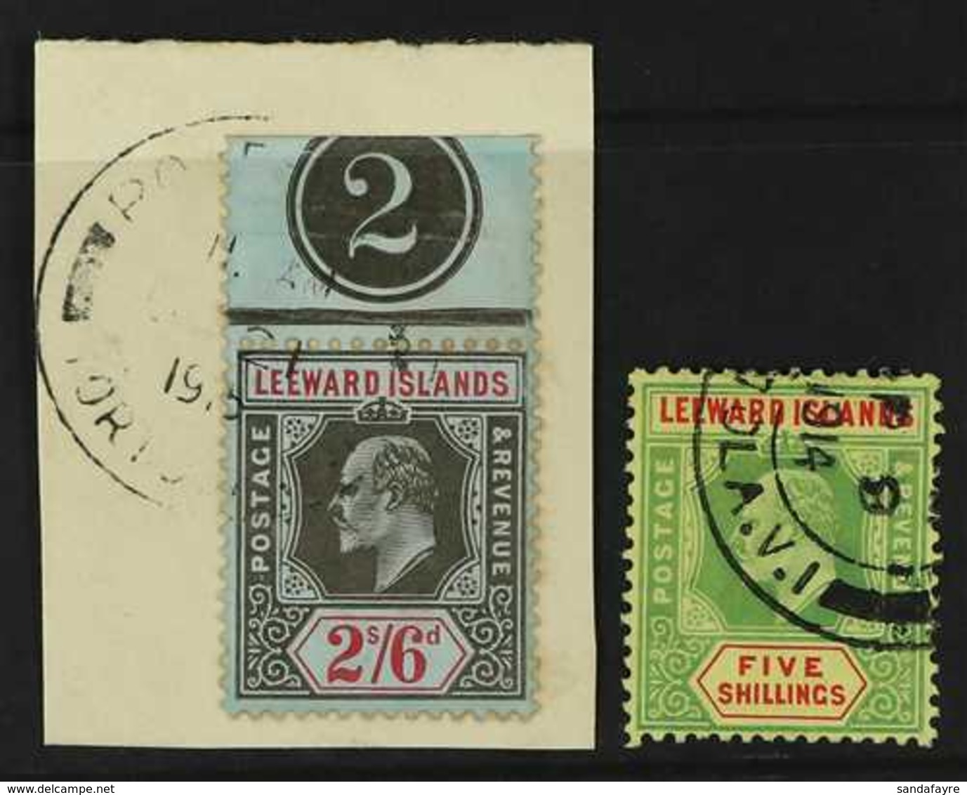 1907-11 2s6d And 5s., SG 44/45, Each With Clear Part Virgin Islands Cds's, The 2s6d With Marginal Plate Number "2" On A  - Leeward  Islands
