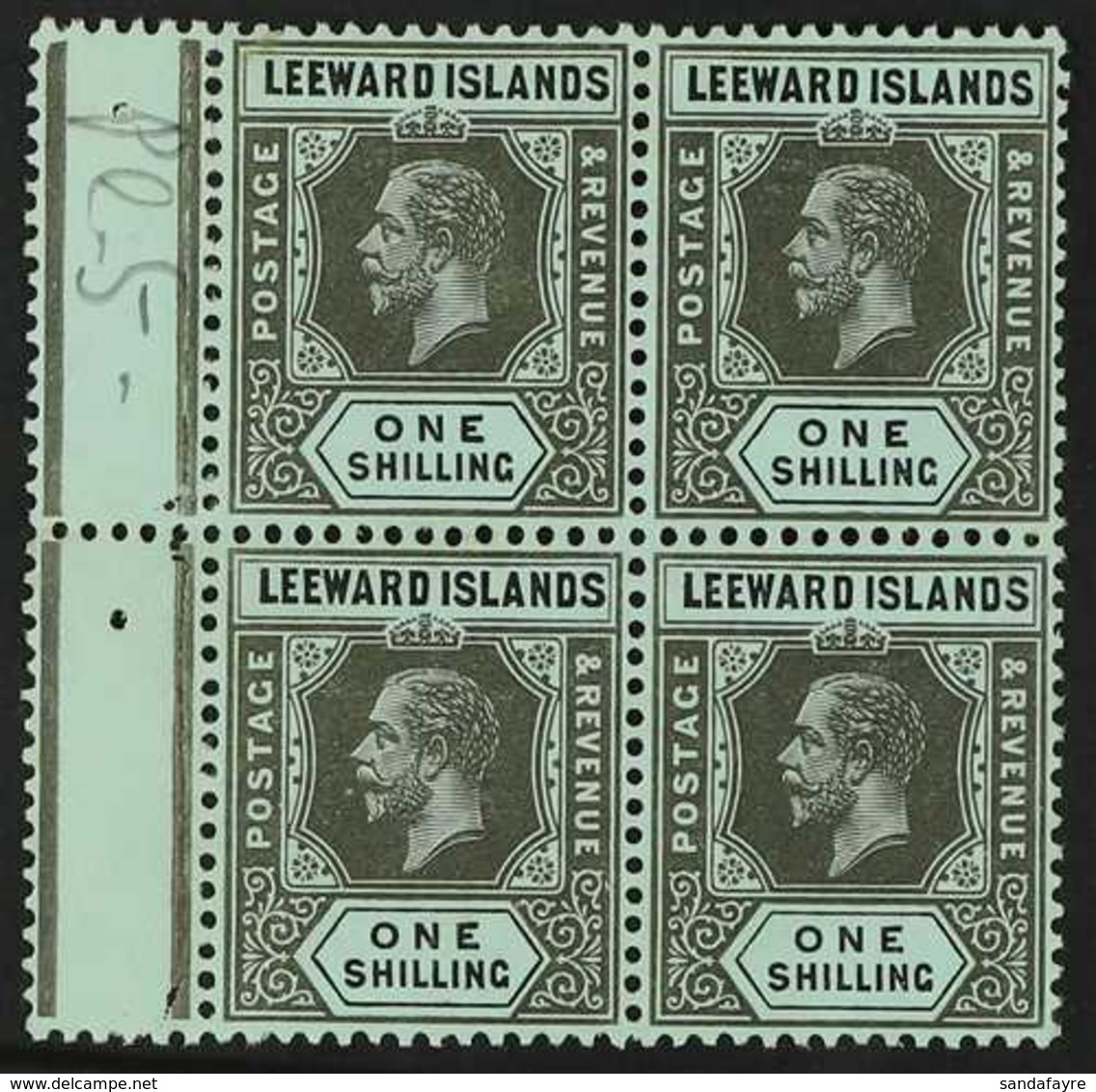 1912-22 1s Black On Blue Green With Olive Back, SG 54b, Fine Never Hinged Mint Block Of Four With Gutter Margin At Left. - Leeward  Islands