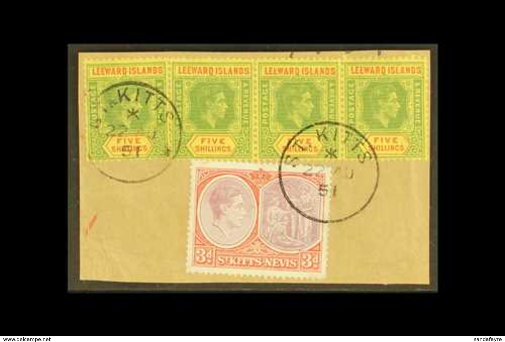 1938 5s Green And Red On Yellow On Ordinary Paper, Geo VI, Strip Of 4, One Showing The Variety "Broken E", SG 112b/112ba - Leeward  Islands