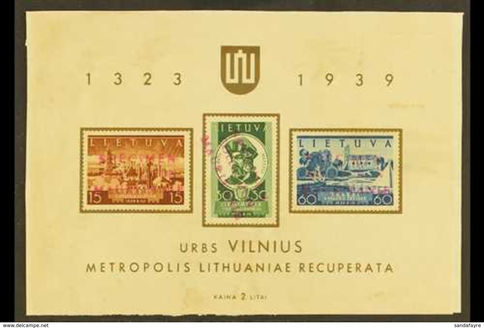 1940 ARCHIVE SPECIMEN 1940 Recovery Of Vilnius Imperf Miniature Sheet, Michel Block 2, Affixed To Archive Paper And Canc - Lituania