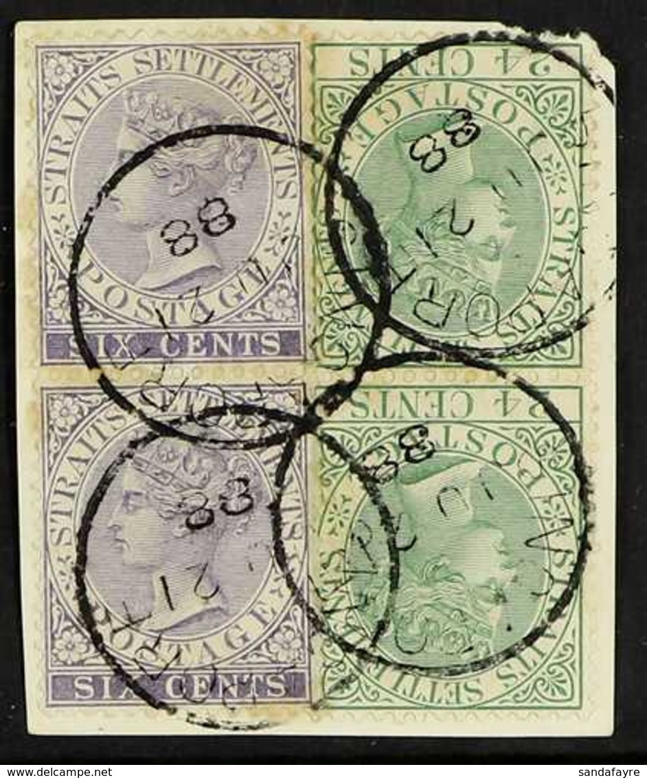 1883-91 6c Violet & 24c Blue-green, SG 66a & 68a, Very Fine Used Vertical PAIRS On Piece Tied By "Singapore" Cds's, Fres - Straits Settlements