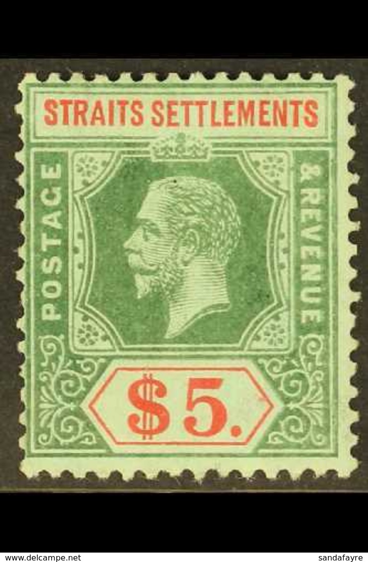 1912-23 $5 Green And Red On Blue-green, Olive Back, SG 212b, Fine Mint. For More Images, Please Visit Http://www.sandafa - Straits Settlements