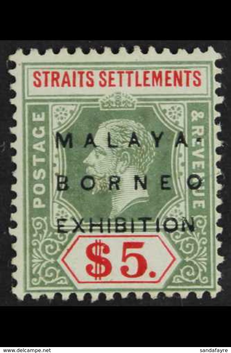 1922 MALAYA BORNEO EXHIBITION VARIETY. $5 Green & Red/blue Green, MCA Wmk, "No Stop" Variety, SG 249f, Fine Mint, Scarce - Straits Settlements